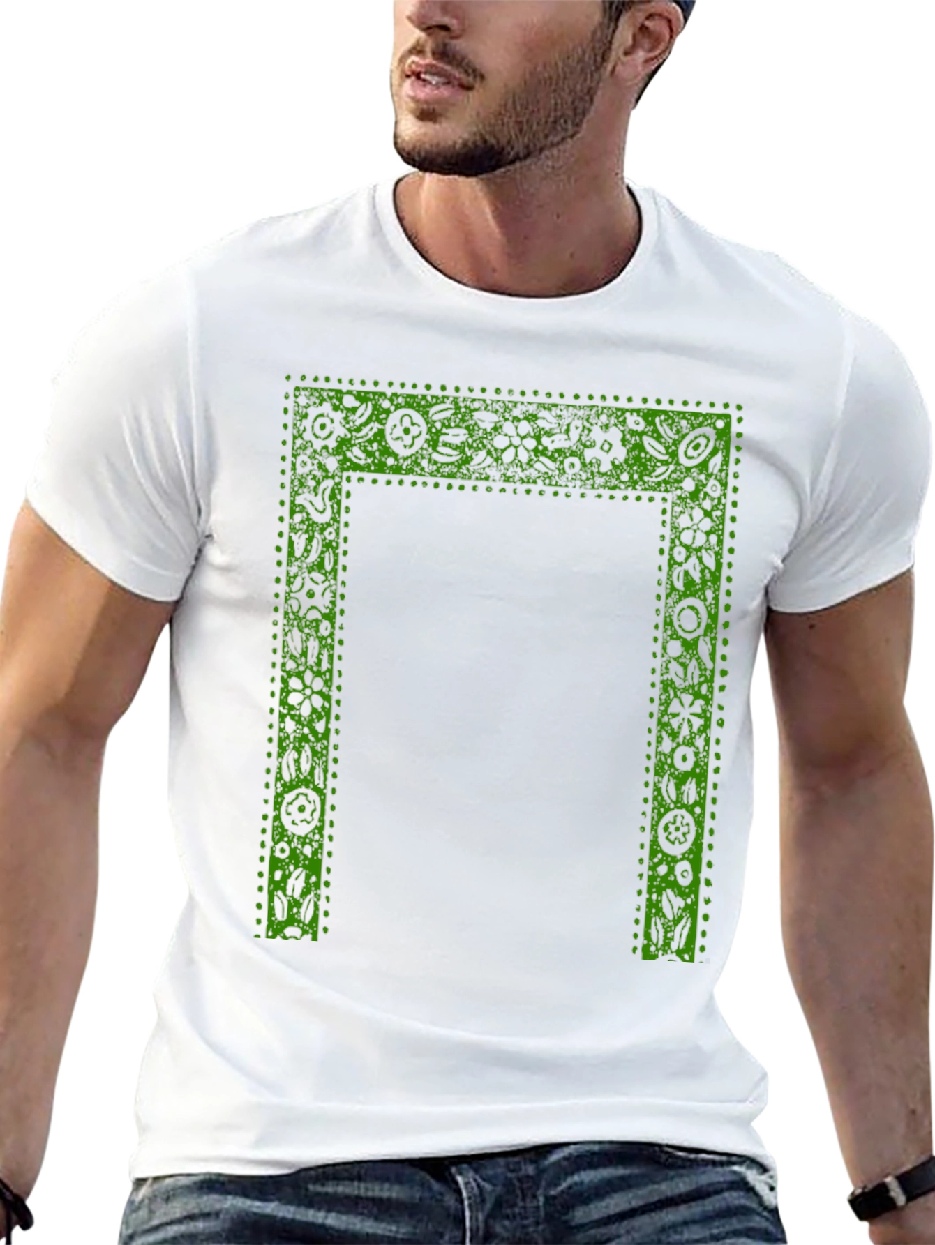 Green Floral Frame Print Black T-Shirt