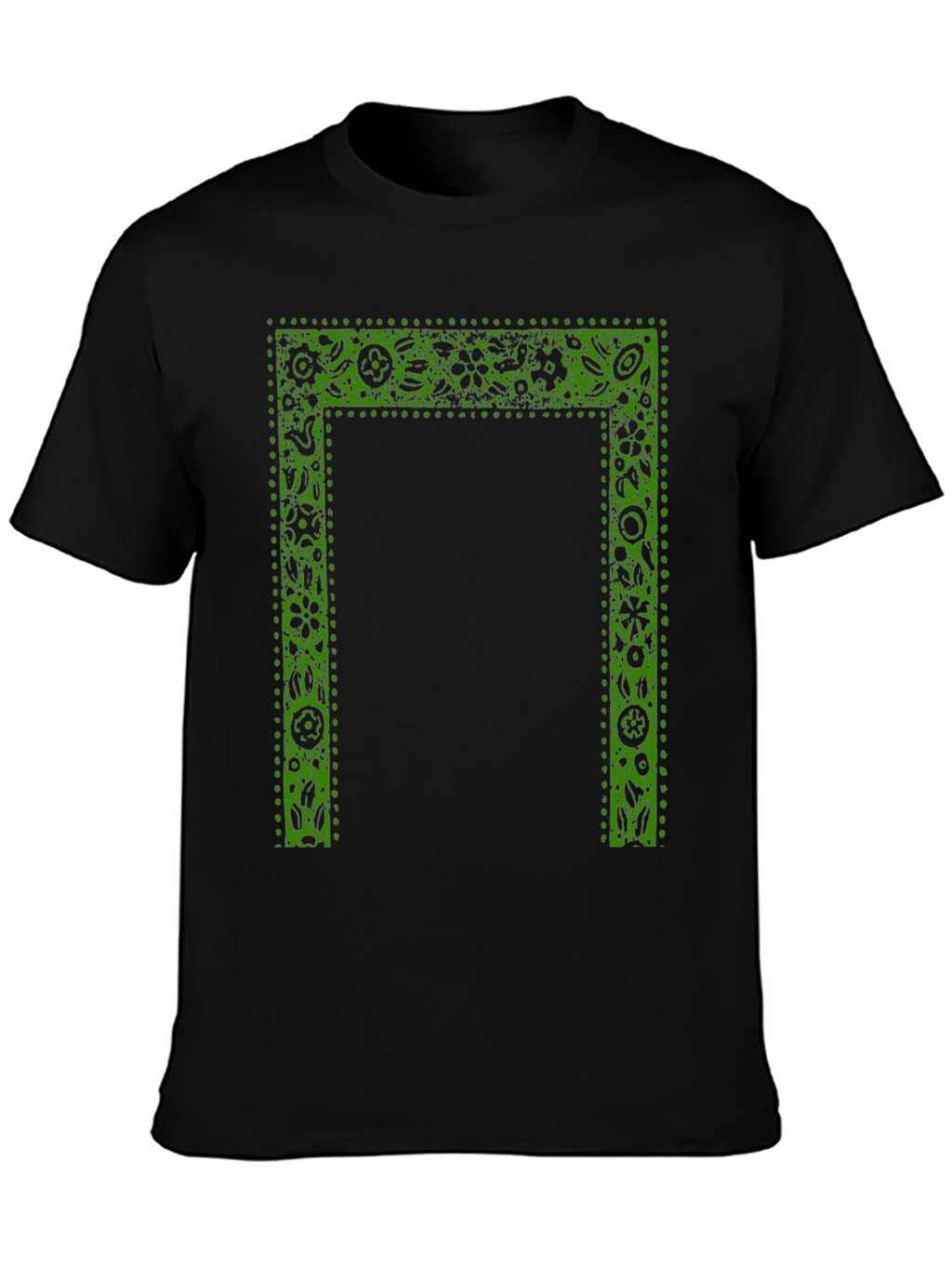 Green Floral Frame Print Black T-Shirt