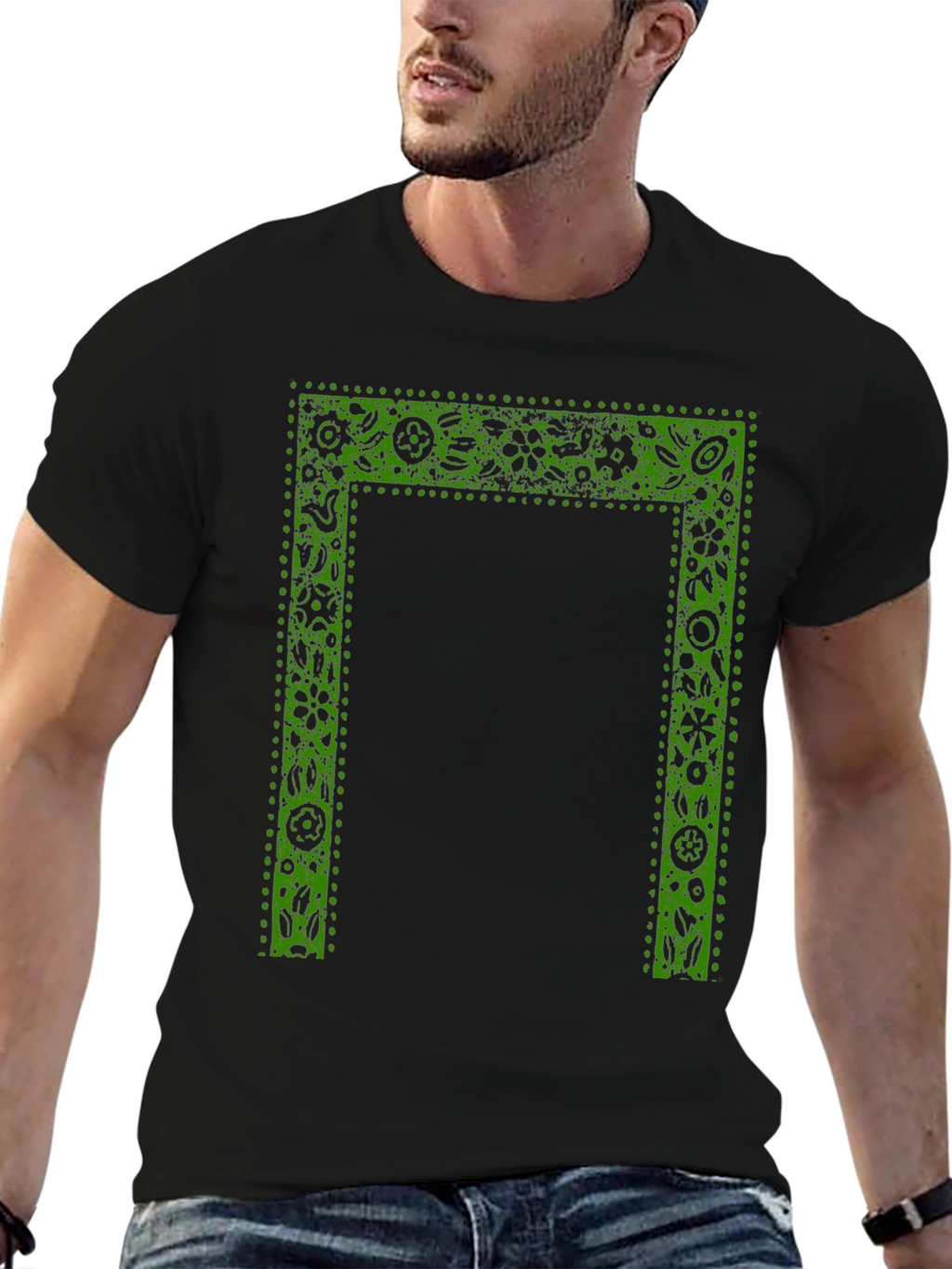 Green Floral Frame Print Black T-Shirt