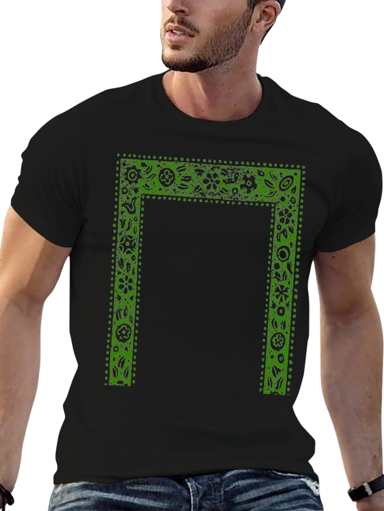 Green Floral Frame Print Black T-Shirt