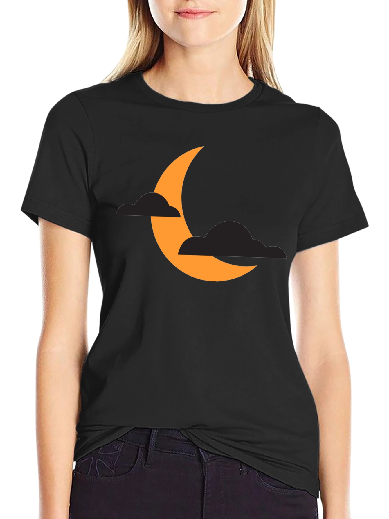 Crescent Moon & Clouds Graphic Tee - Black Cotton Blend