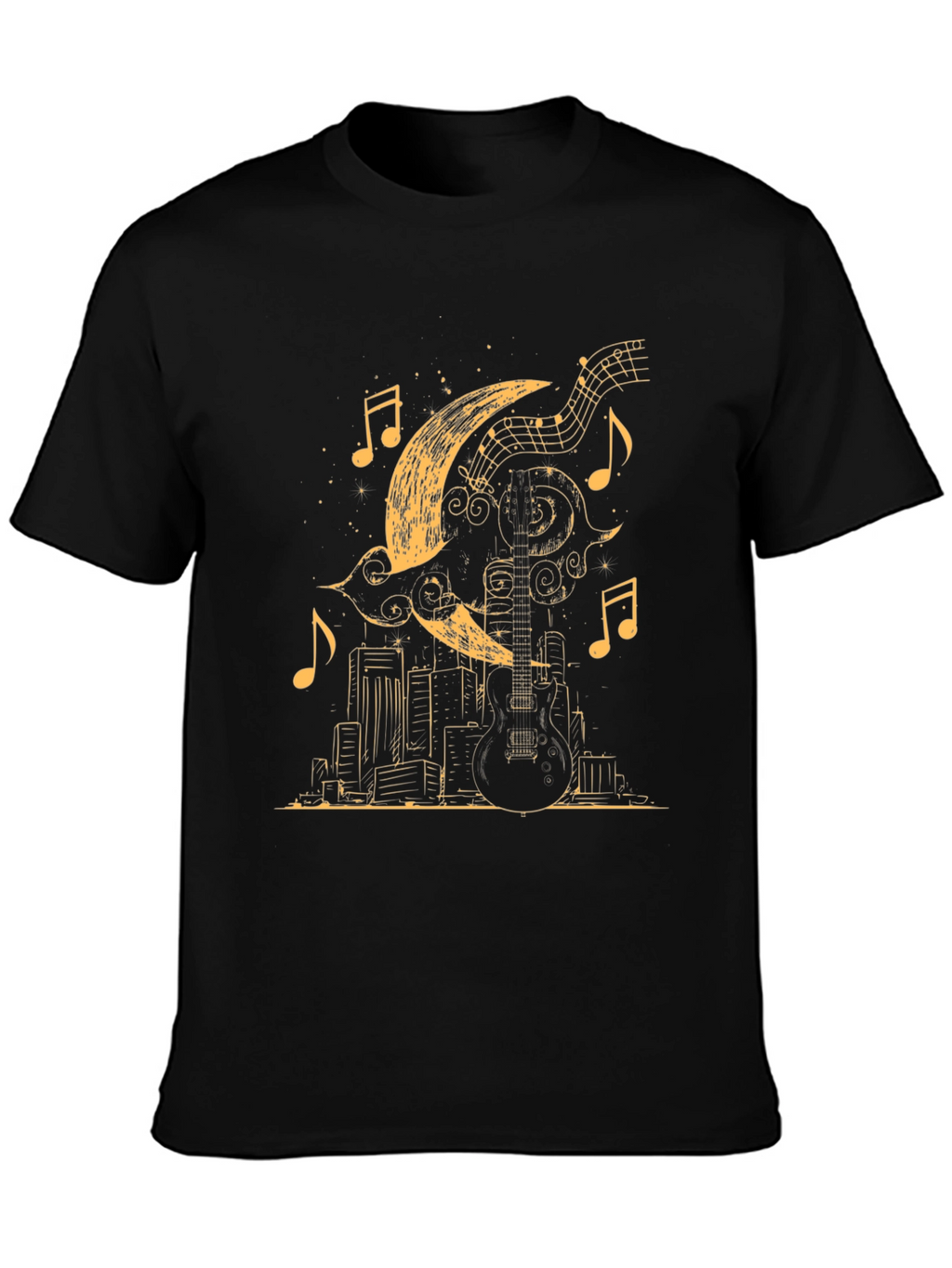 Guitar Moon Cityscape Graphic Tee - Black Cotton Blend