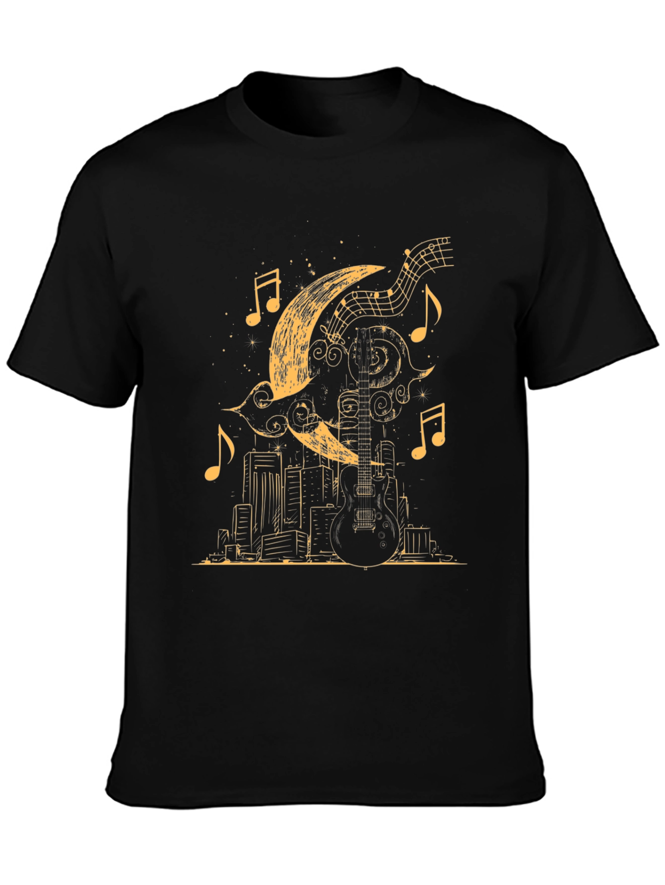 Guitar Moon Cityscape Graphic Tee - Black Cotton Blend