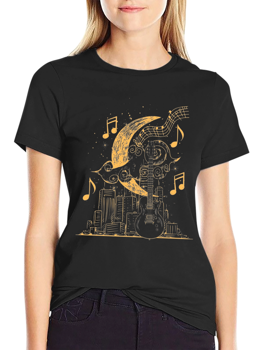 Guitar Moon Cityscape Graphic Tee - Black Cotton Blend