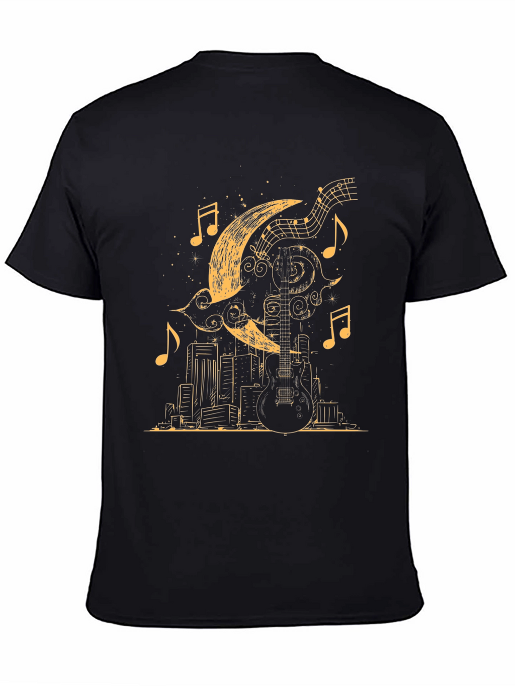 Guitar Moon Cityscape Graphic Tee - Black Cotton Blend