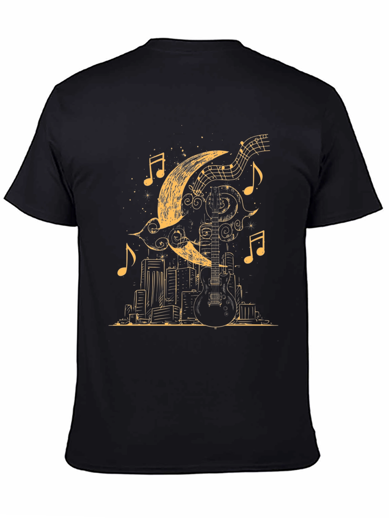 Guitar Moon Cityscape Graphic Tee - Black Cotton Blend