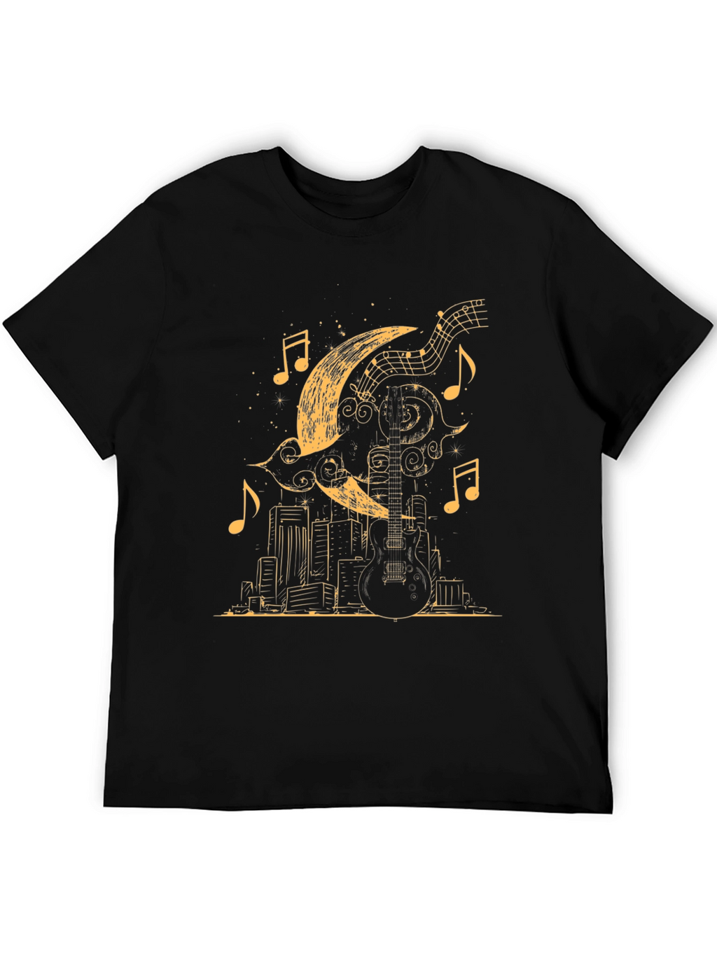 Guitar Moon Cityscape Graphic Tee - Black Cotton Blend