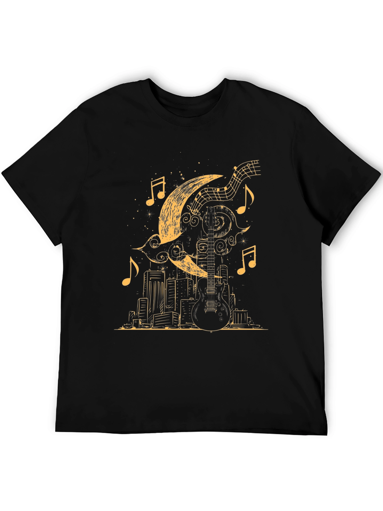 Guitar Moon Cityscape Graphic Tee - Black Cotton Blend