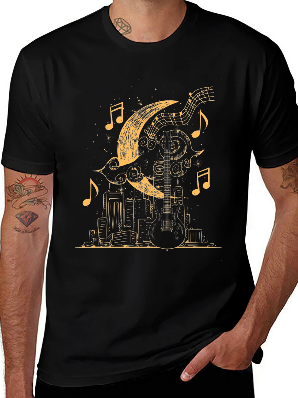 Guitar Moon Cityscape Graphic Tee - Black Cotton Blend