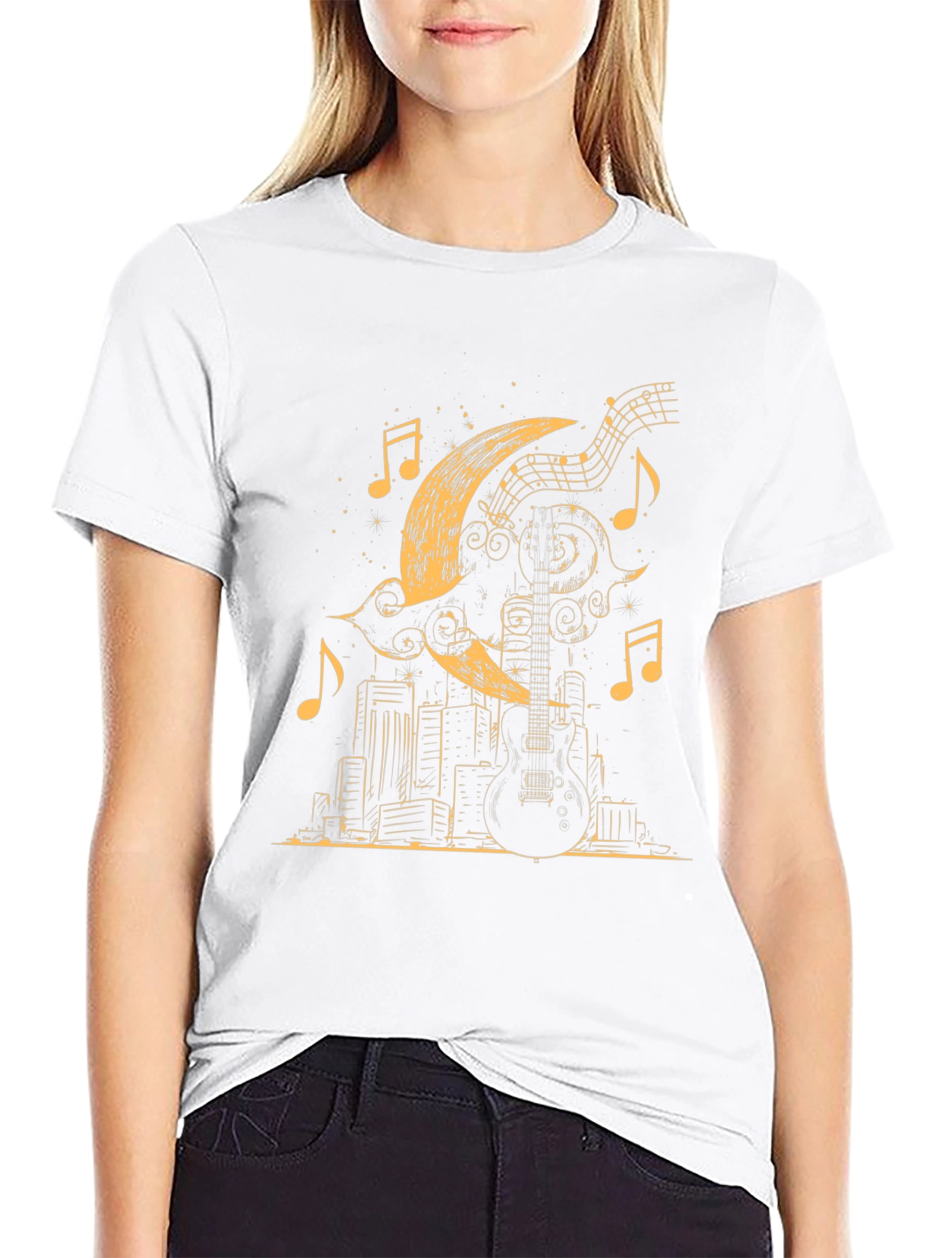 Guitar Moon Cityscape Graphic Tee - Black Cotton Blend