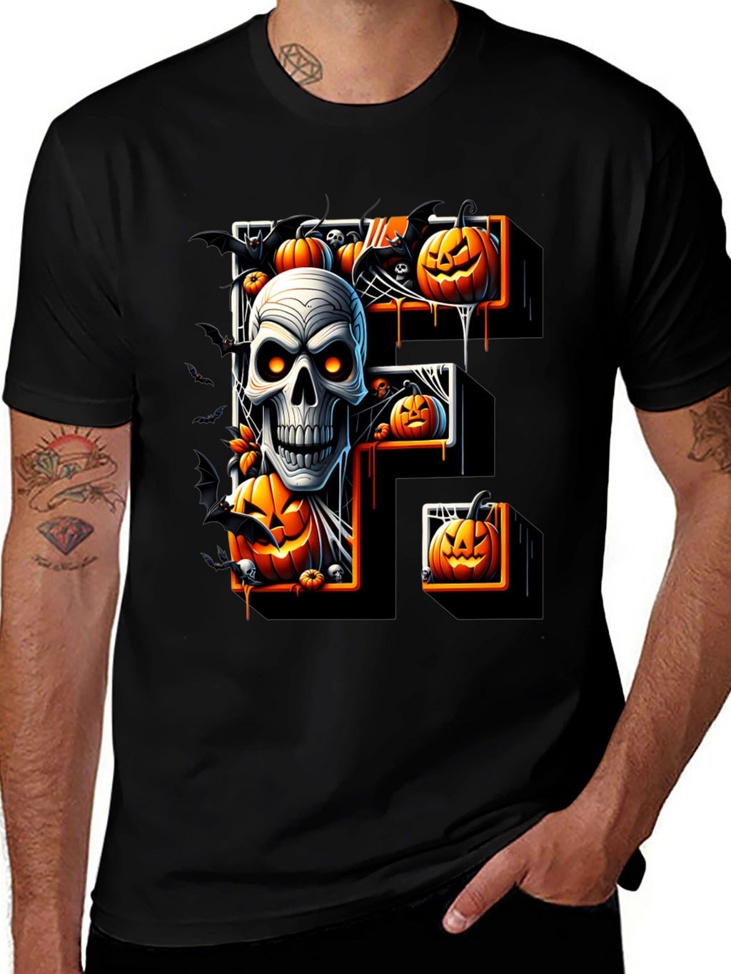 Halloween Skull & Pumpkin Letter F T-Shirt