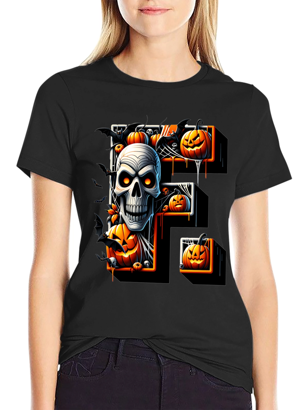 Halloween Skull & Pumpkin Letter F T-Shirt