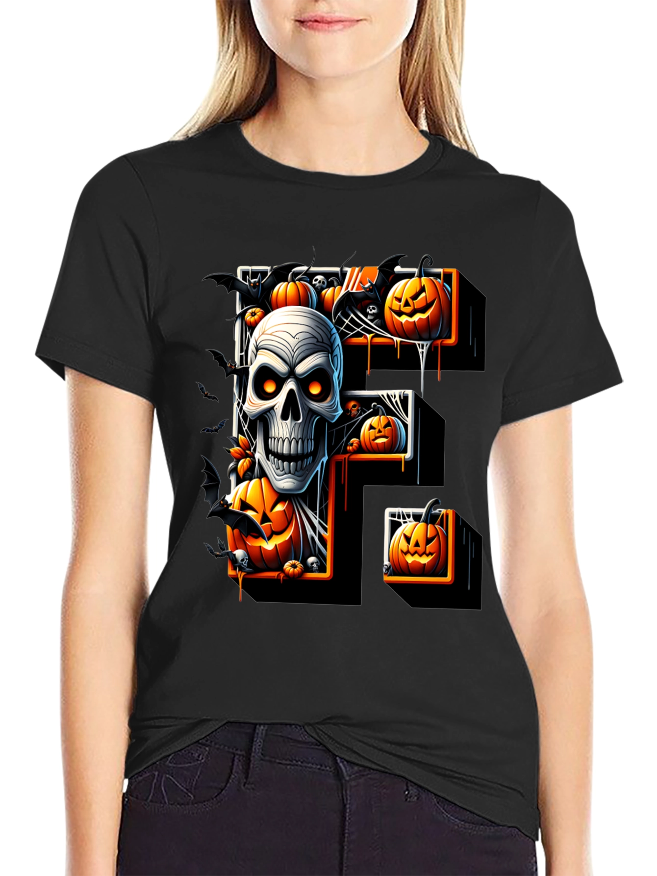 Halloween Skull & Pumpkin Letter F T-Shirt