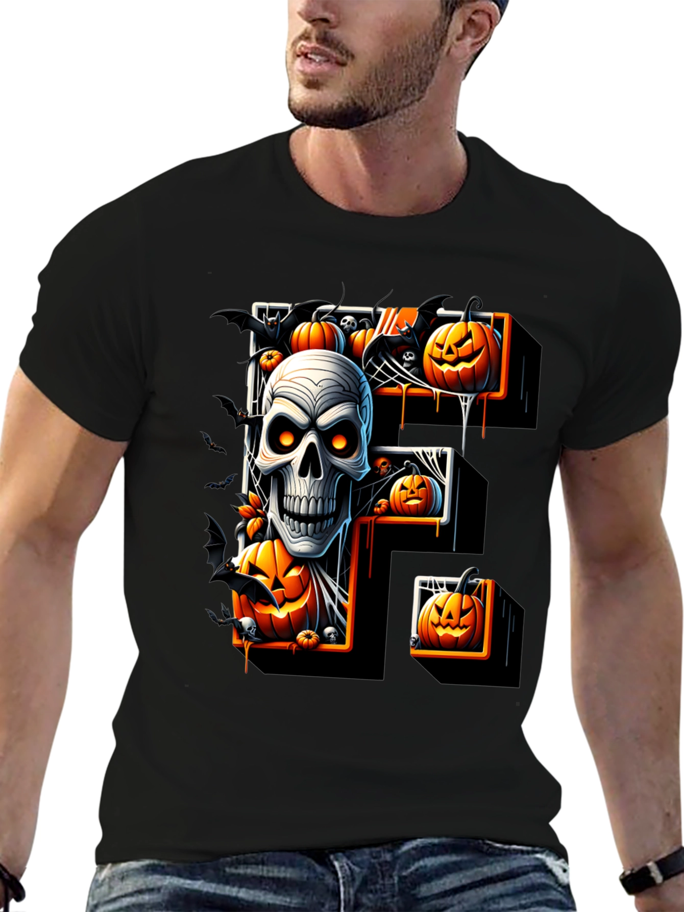Halloween Skull & Pumpkin Letter F T-Shirt