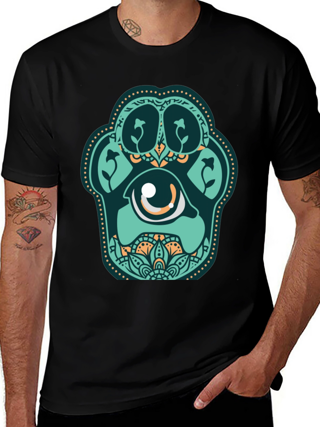 Unique Paw Print Eye Graphic Black T-Shirt