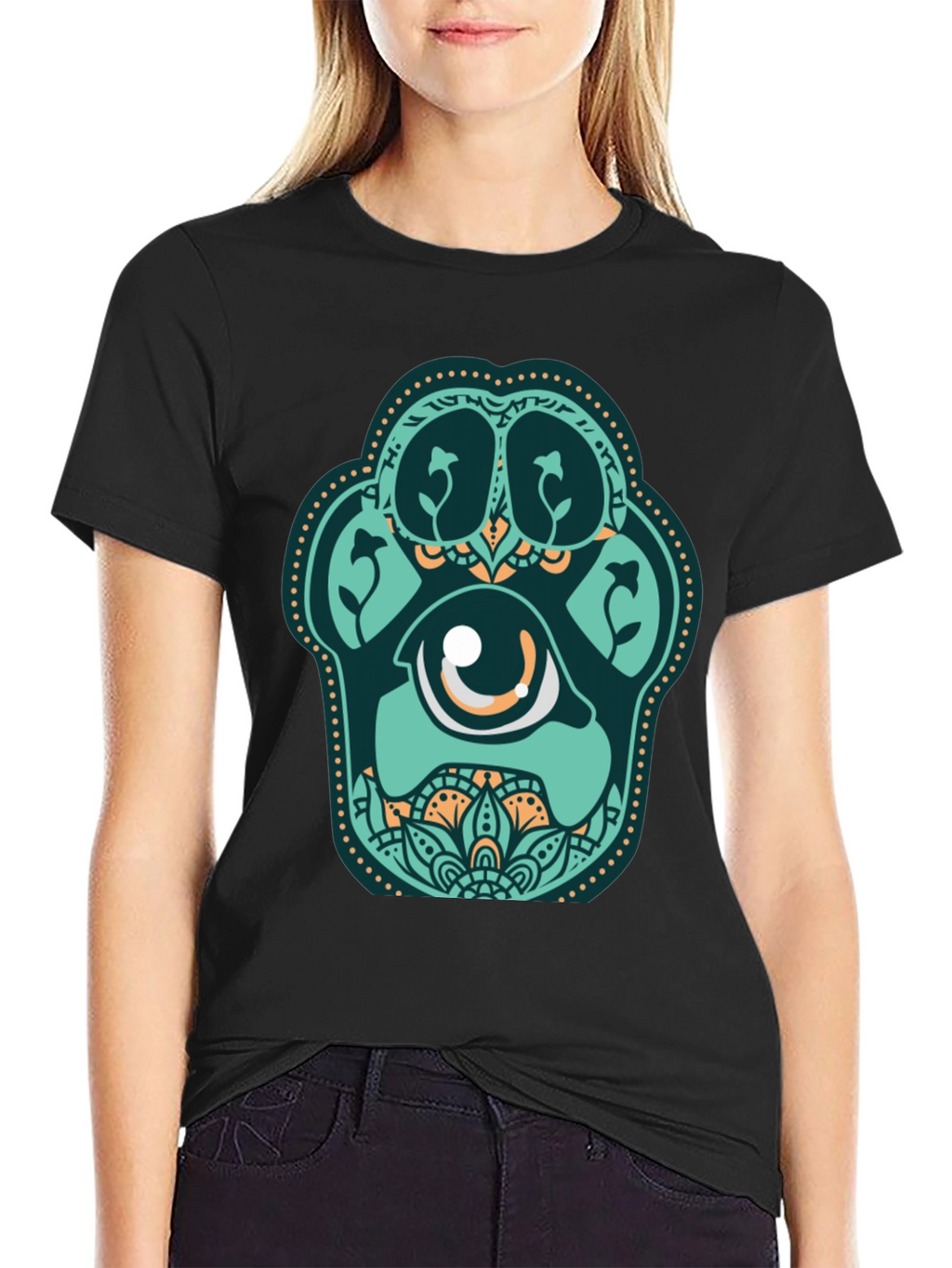 Unique Paw Print Eye Graphic Black T-Shirt