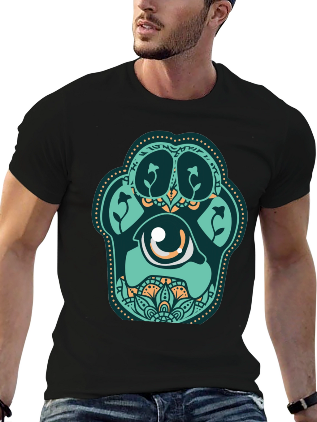 Unique Paw Print Eye Graphic Black T-Shirt
