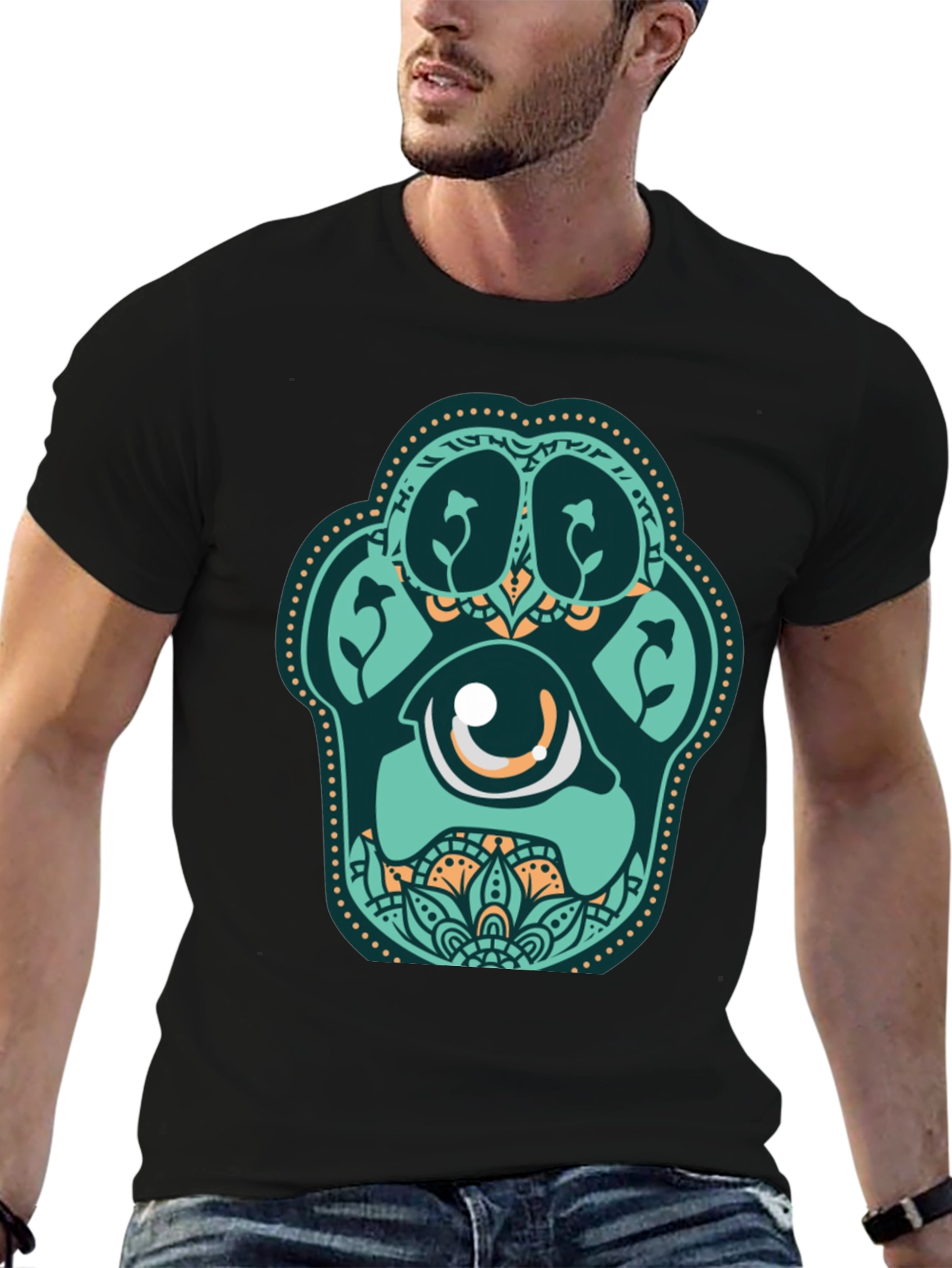 Unique Paw Print Eye Graphic Black T-Shirt