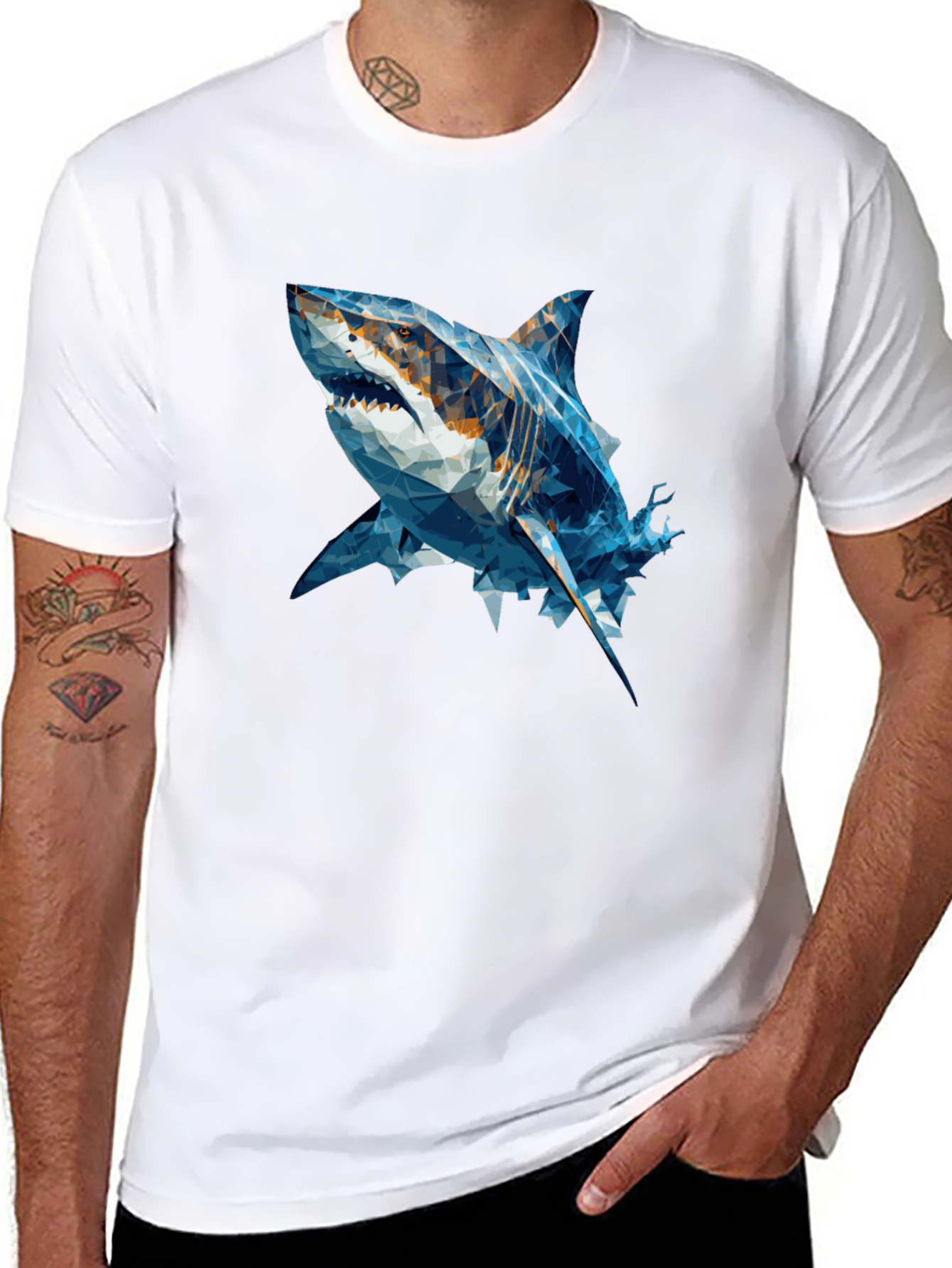 Geometric Shark Graphic Tee - Black