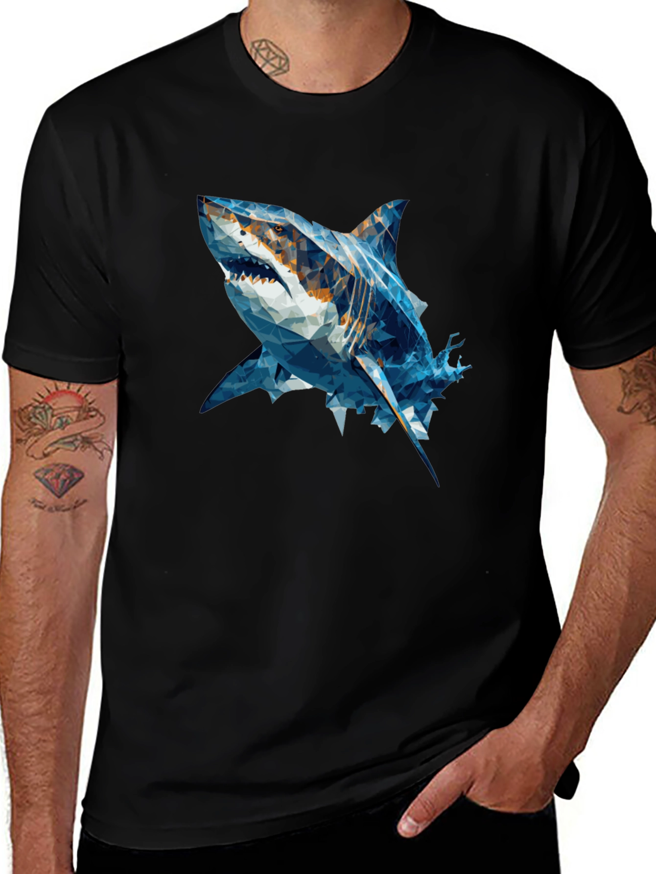 Geometric Shark Graphic Tee - Black