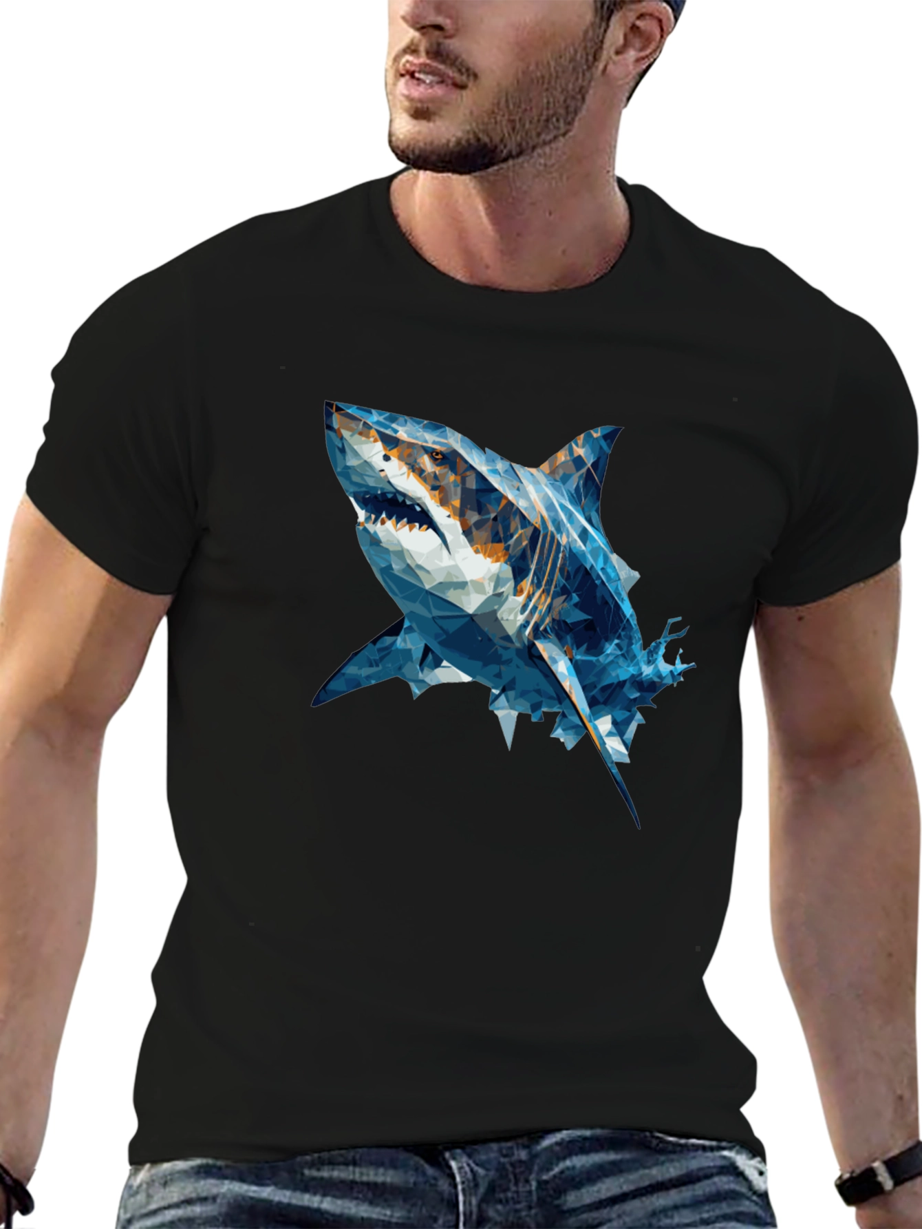 Geometric Shark Graphic Tee - Black