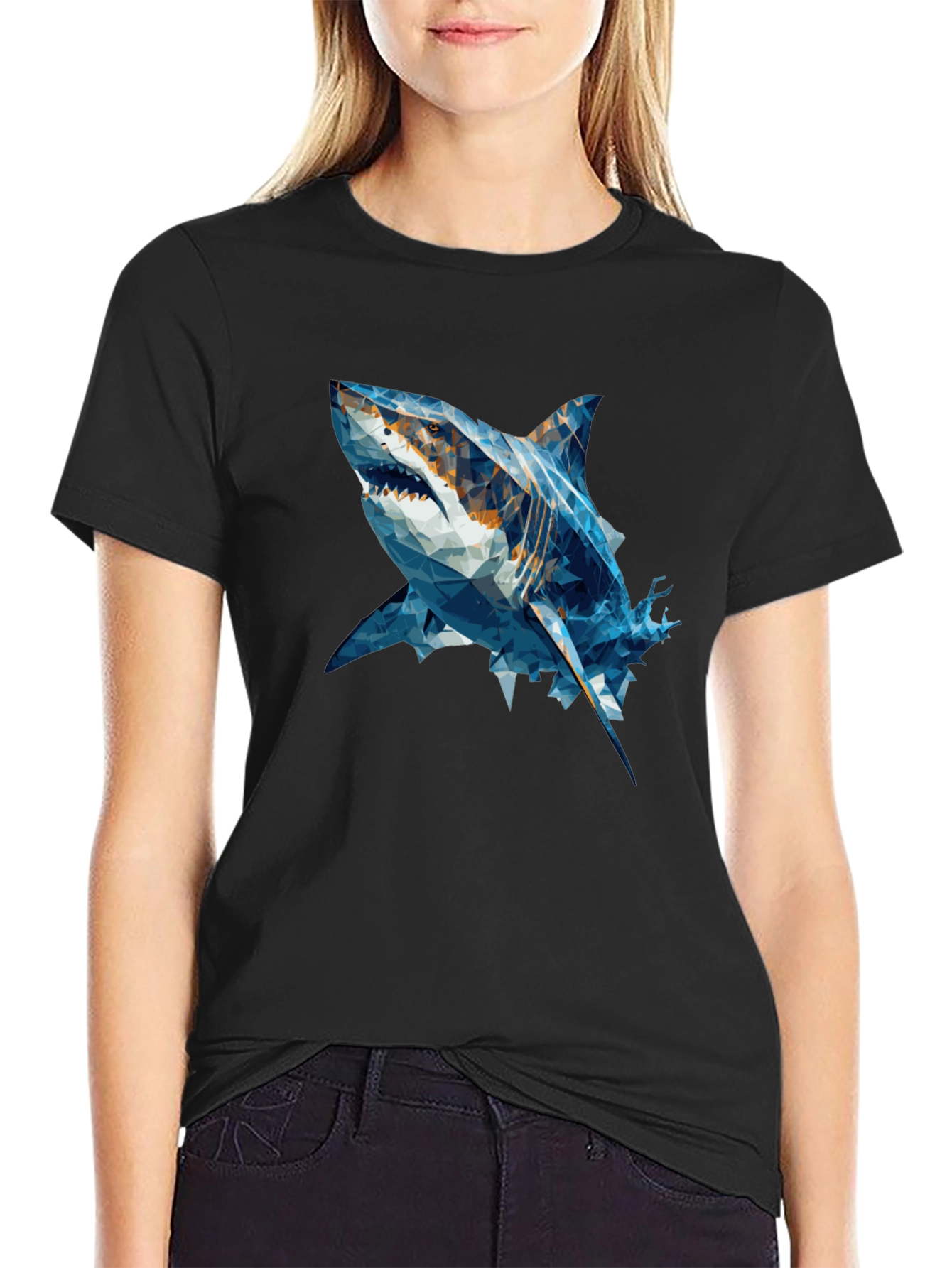 Geometric Shark Graphic Tee - Black