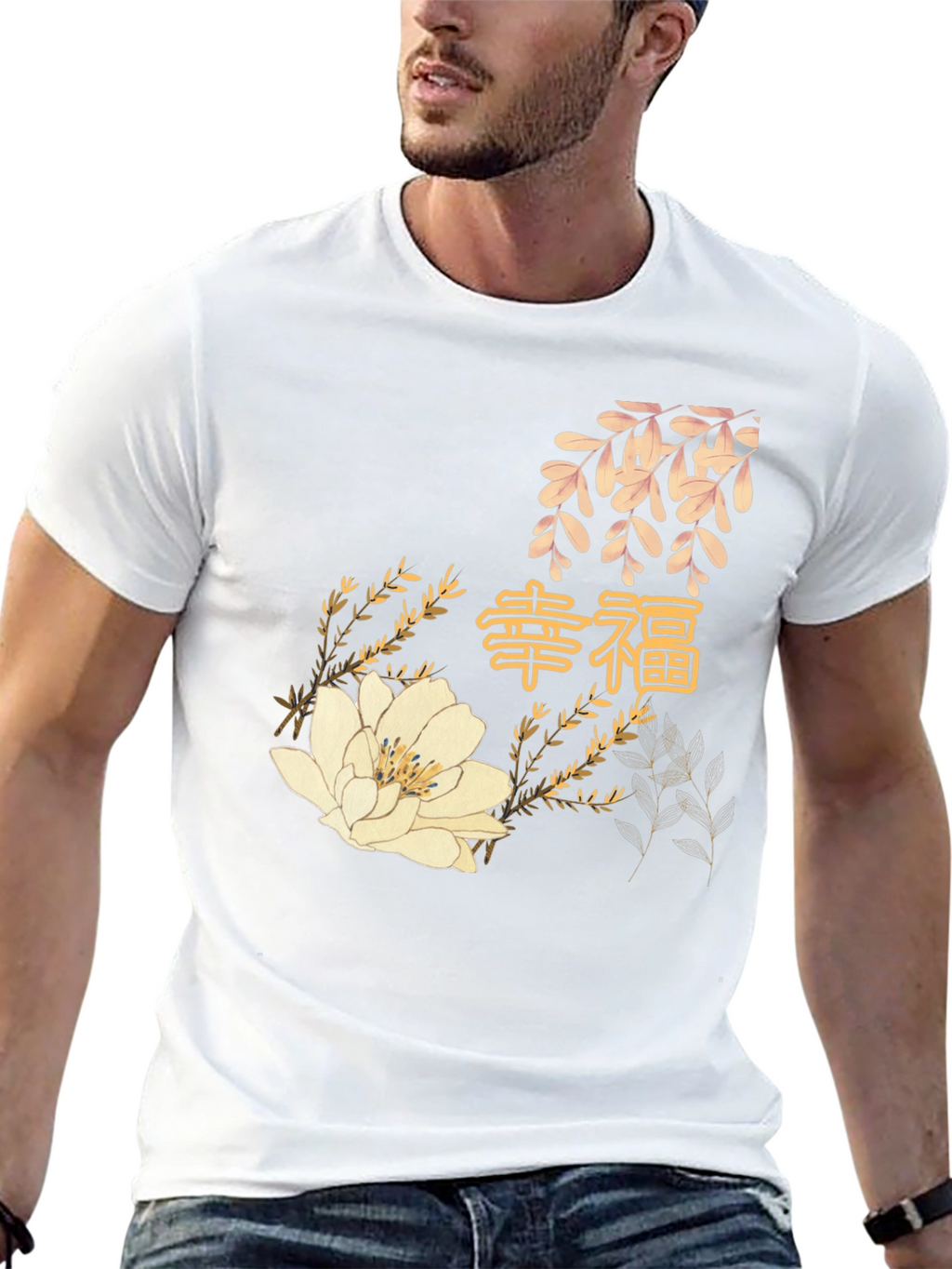 Black T-Shirt with Floral and Calligraphy Design