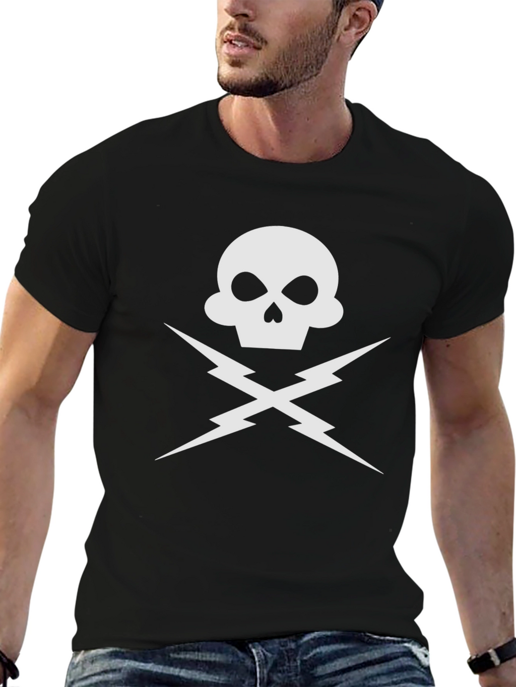 Skull & Lightning Bolt Graphic Tee - Black