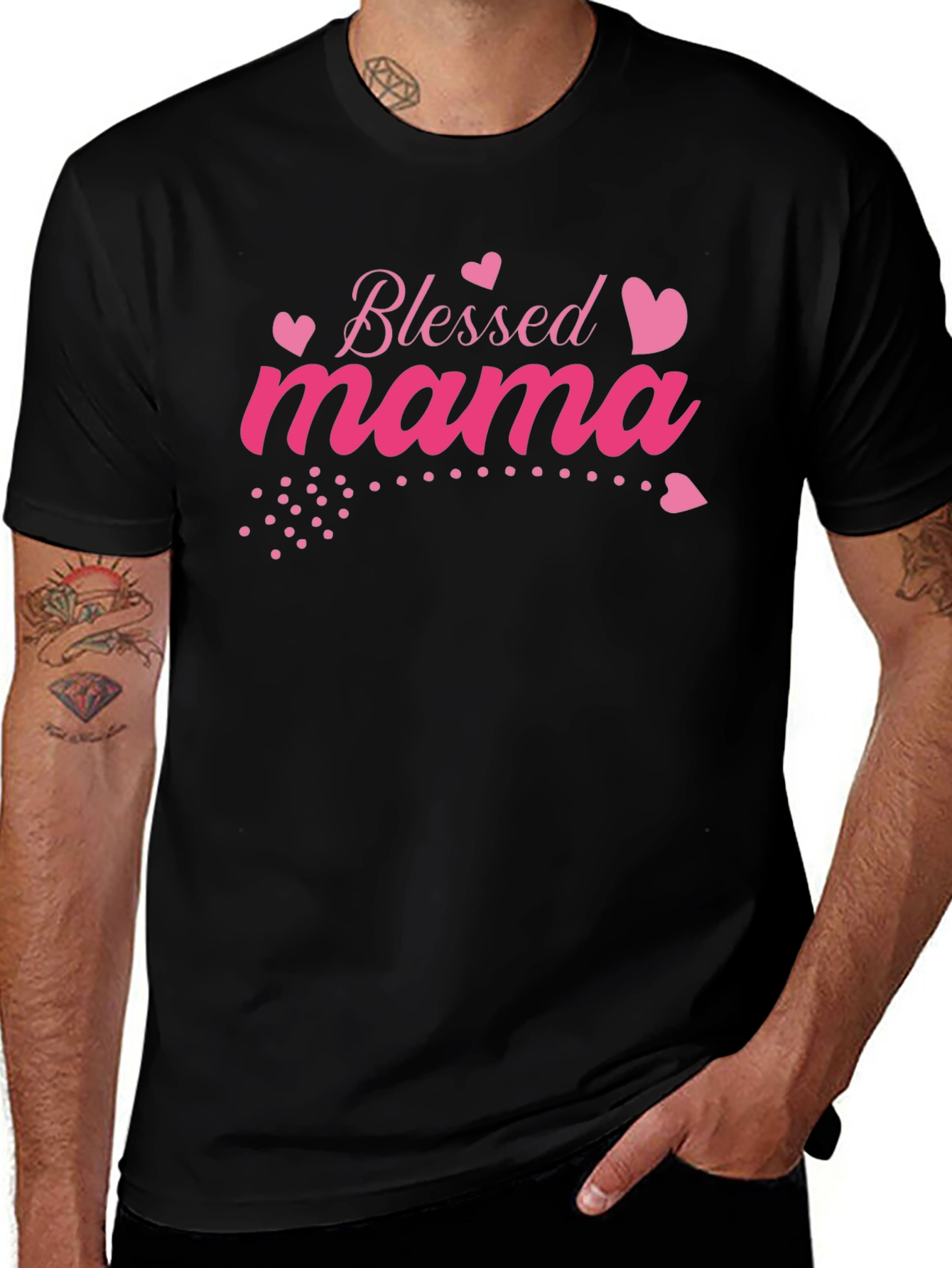 Blessed Mama Pink Heart Graphic Black T-Shirt