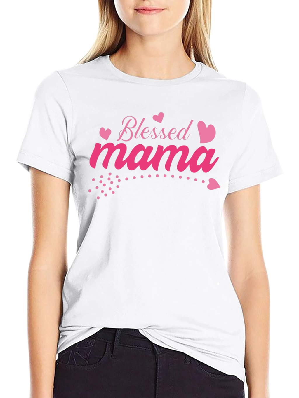 Blessed Mama Pink Heart Graphic Black T-Shirt