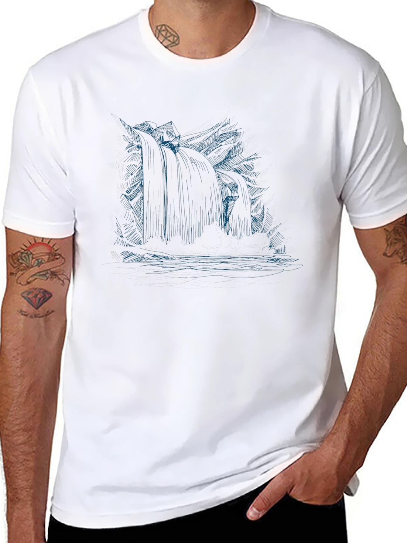Mens Black Graphic Tee - Waterfall Design