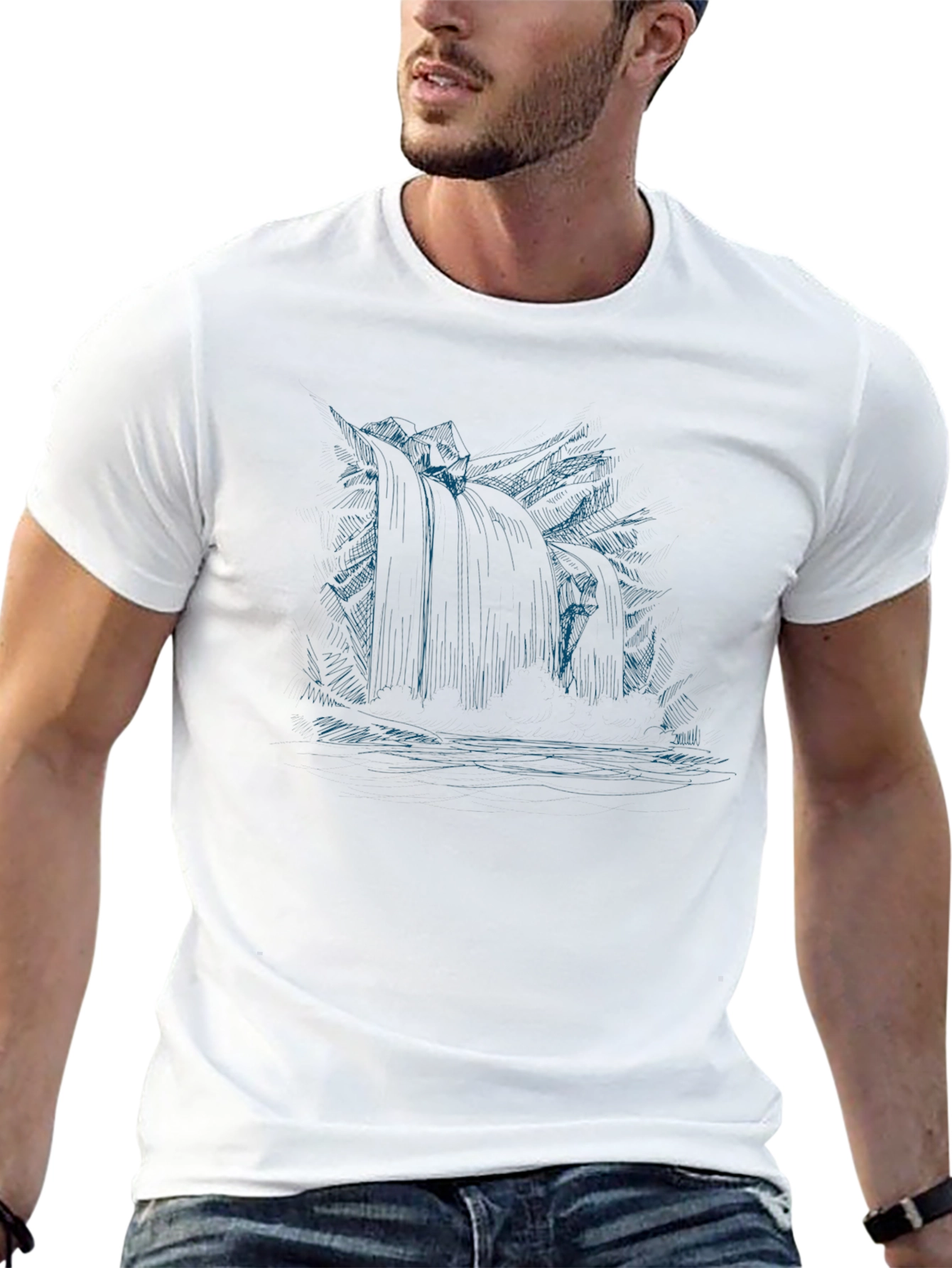 Mens Black Graphic Tee - Waterfall Design