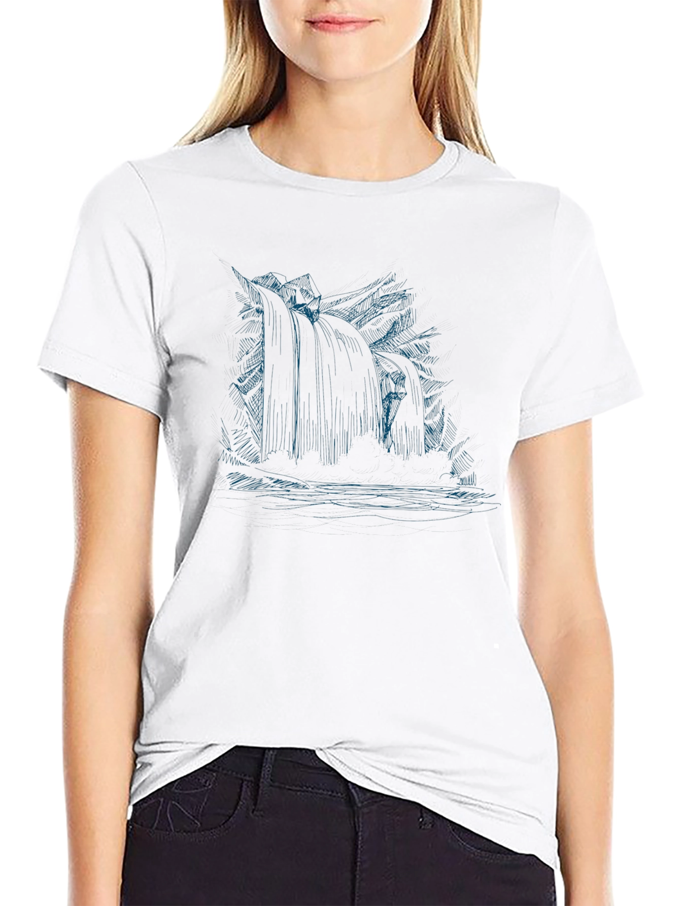 Mens Black Graphic Tee - Waterfall Design