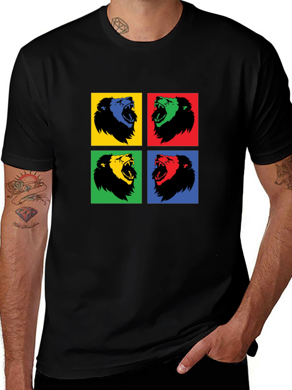 Pop Art Lion Graphic Black T-Shirt