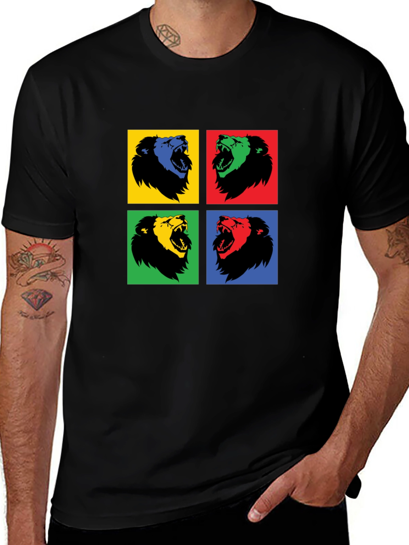 Pop Art Lion Graphic Black T-Shirt