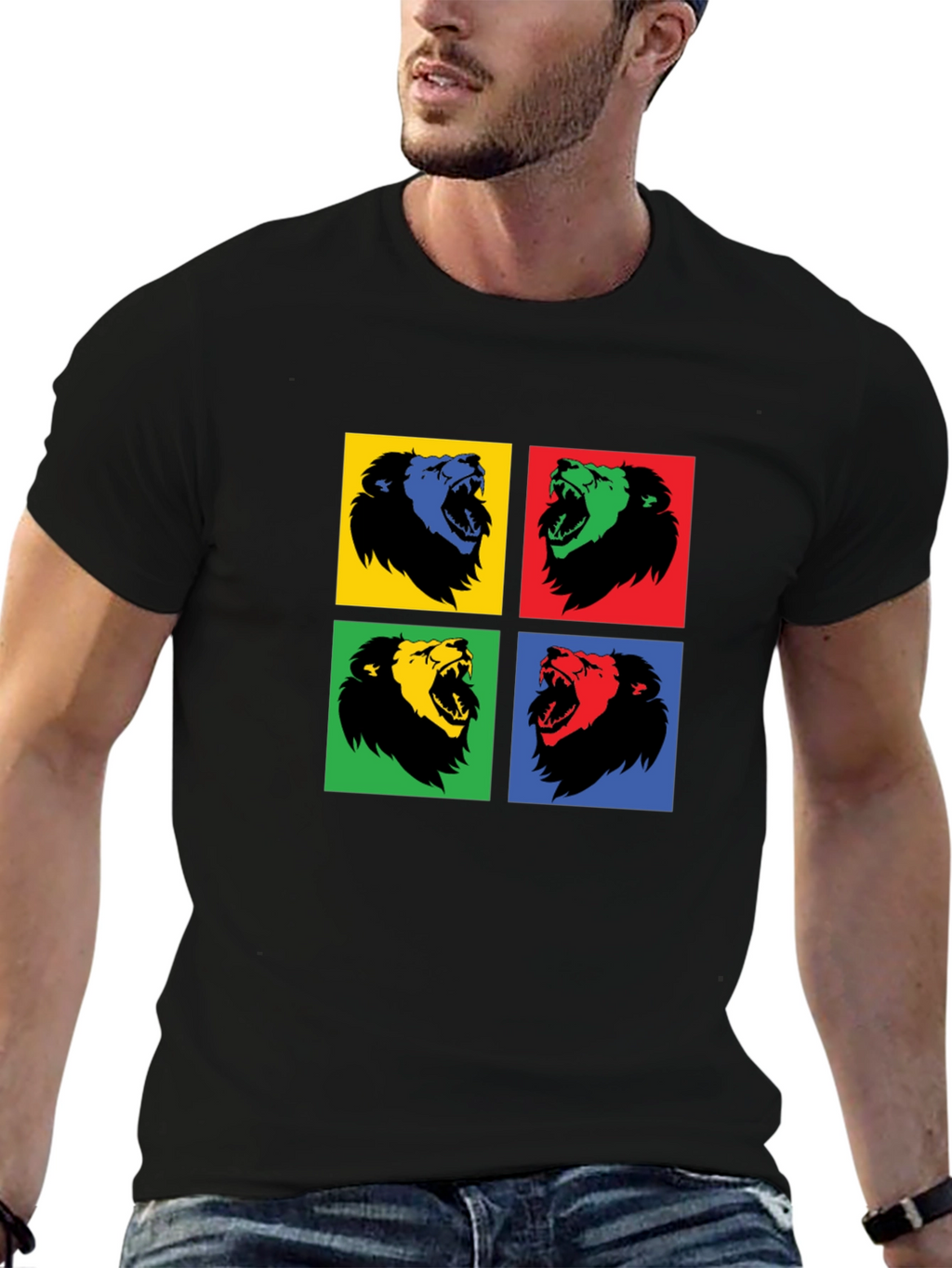 Pop Art Lion Graphic Black T-Shirt
