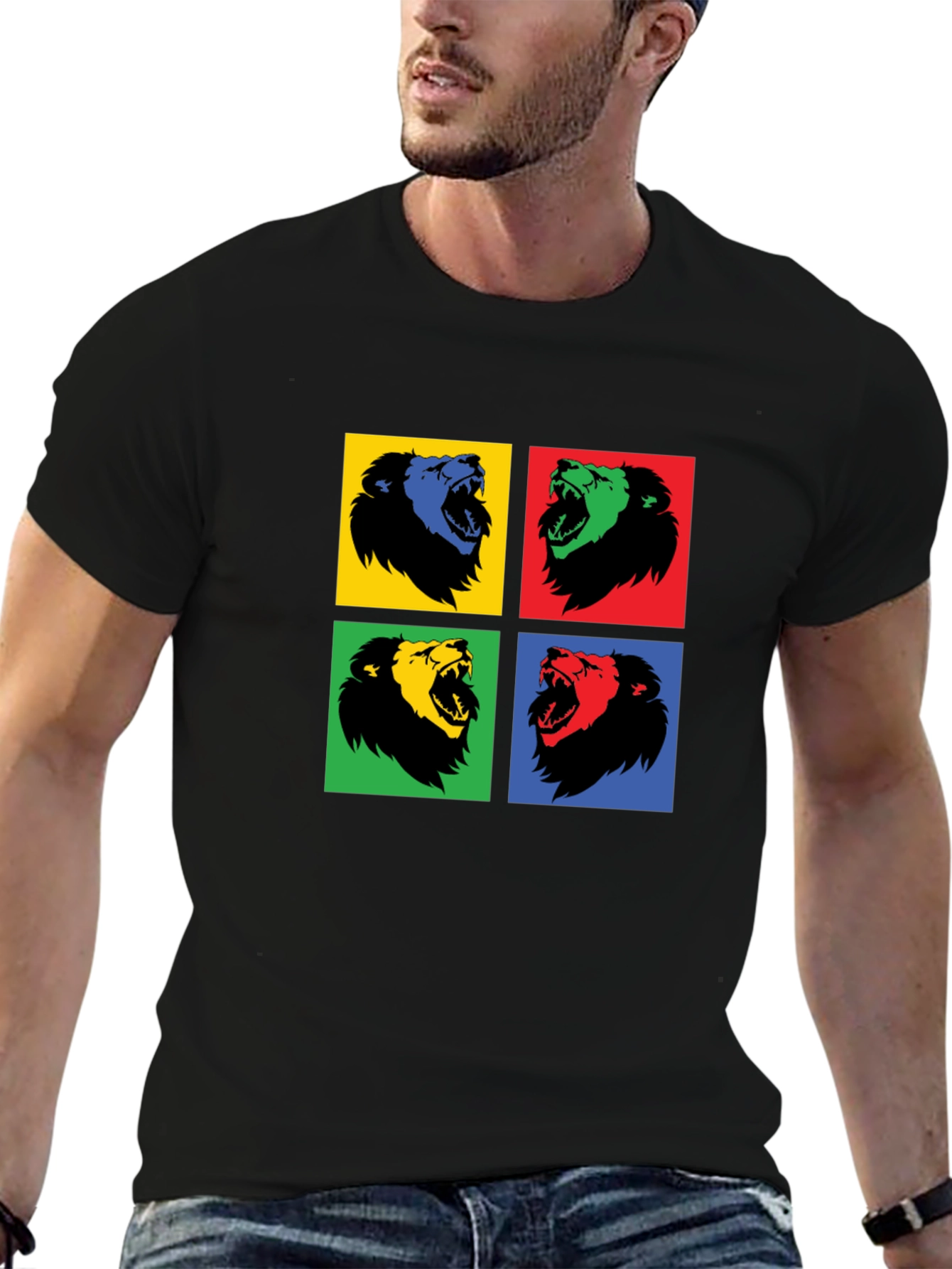 Pop Art Lion Graphic Black T-Shirt