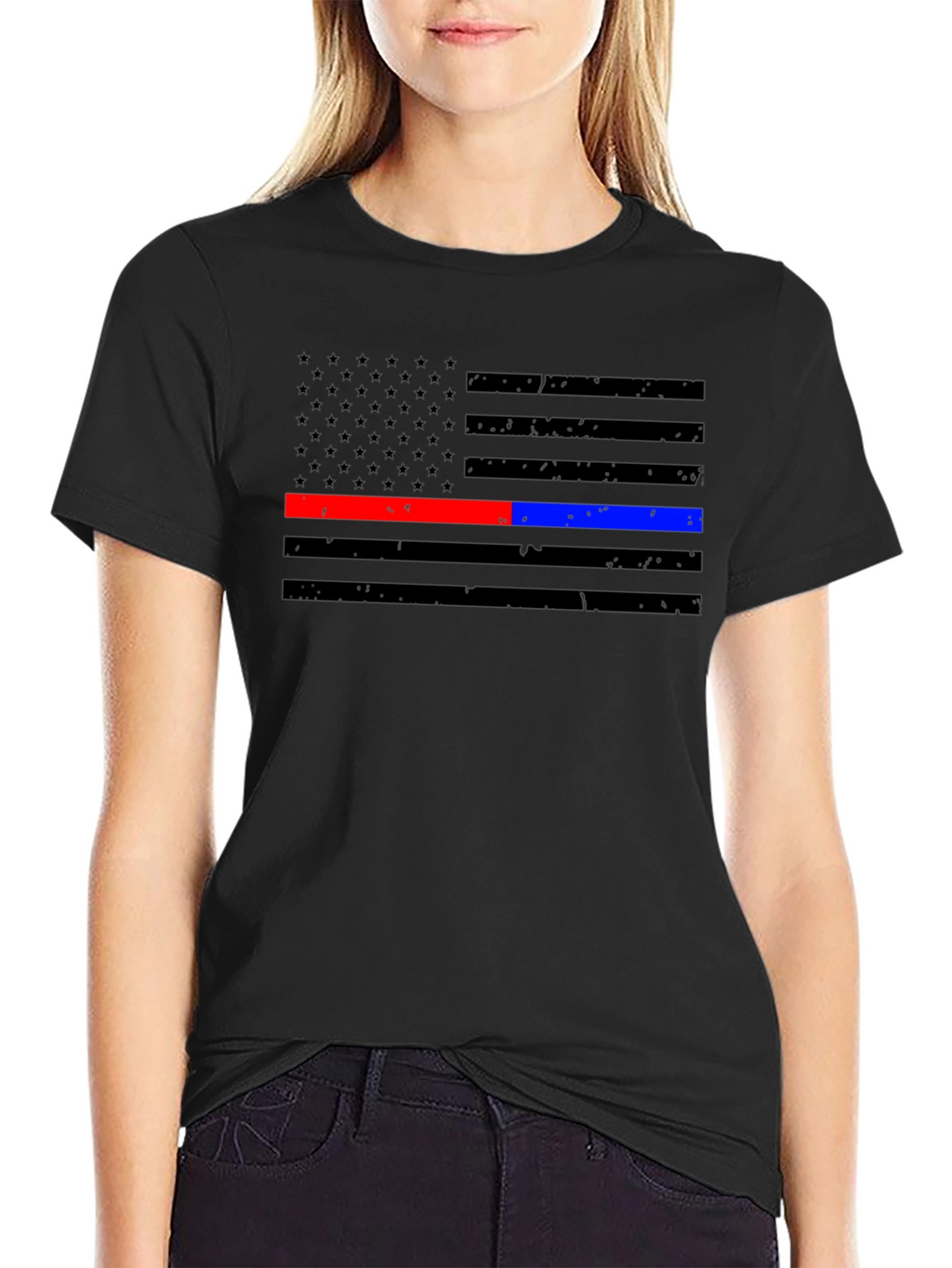 Thin Blue & Red Line American Flag Distressed T-Shirt