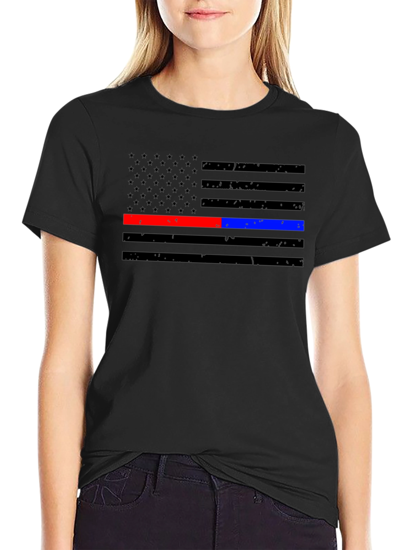Thin Blue & Red Line American Flag Distressed T-Shirt