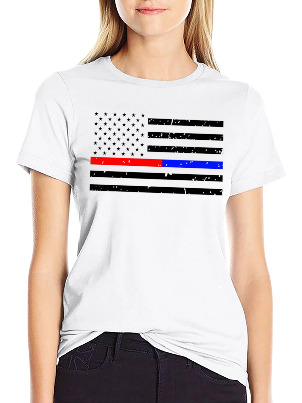 Thin Blue & Red Line American Flag Distressed T-Shirt