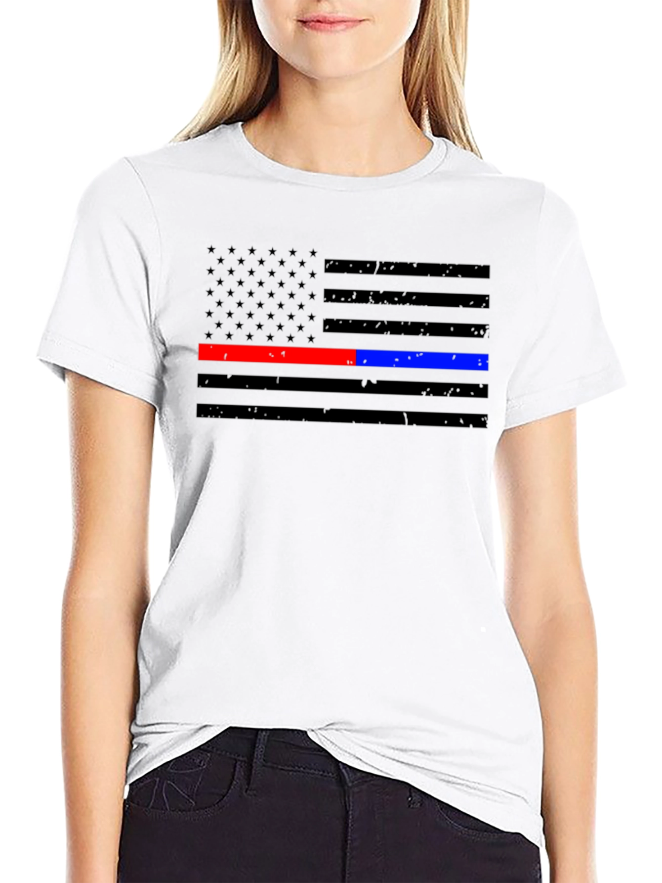 Thin Blue & Red Line American Flag Distressed T-Shirt