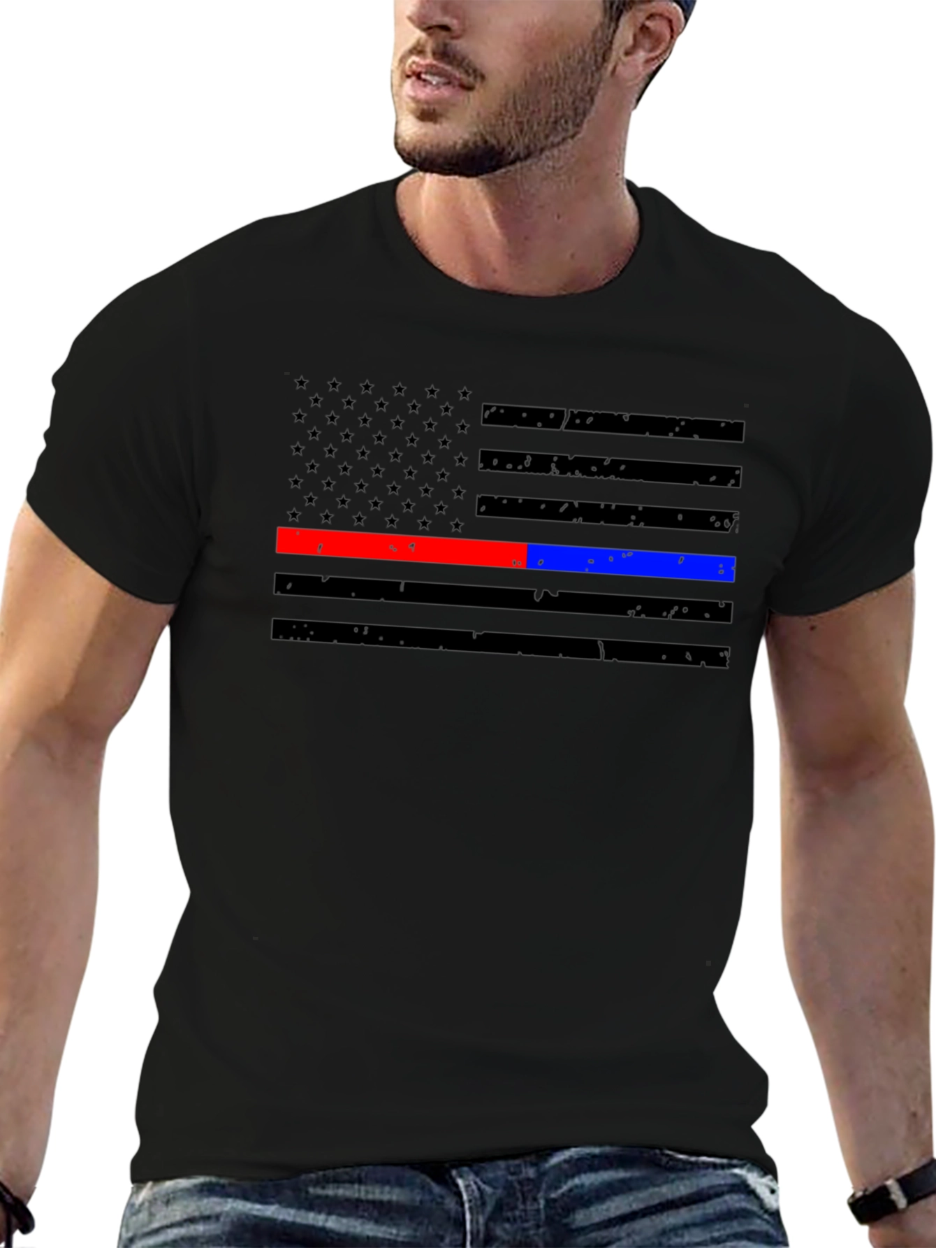 Thin Blue & Red Line American Flag Distressed T-Shirt