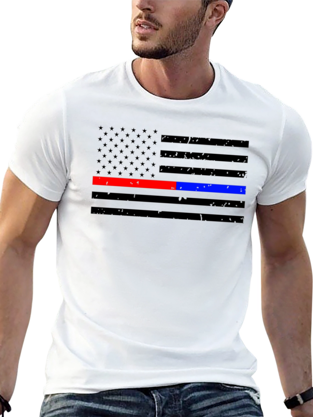 Thin Blue & Red Line American Flag Distressed T-Shirt