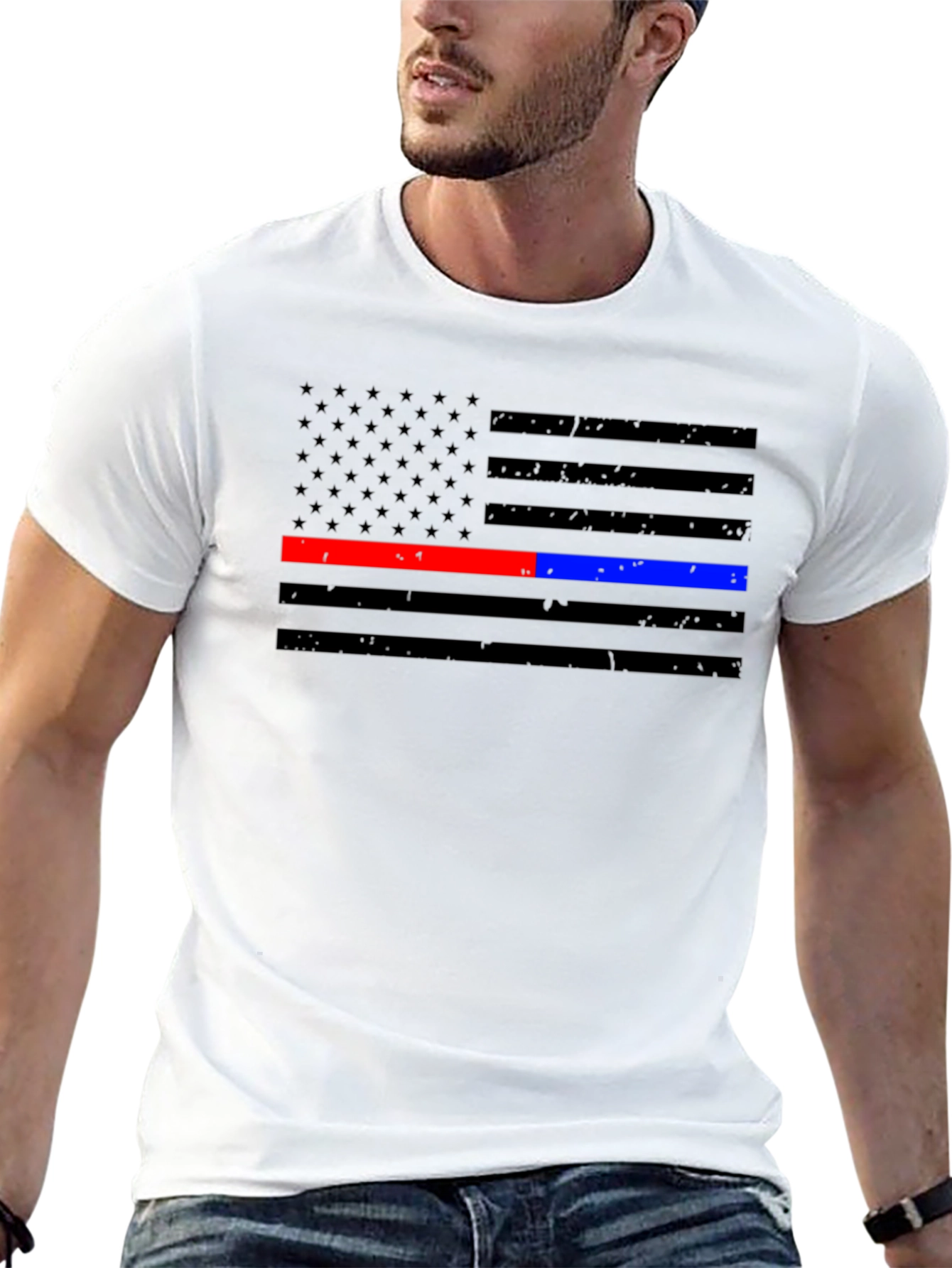 Thin Blue & Red Line American Flag Distressed T-Shirt