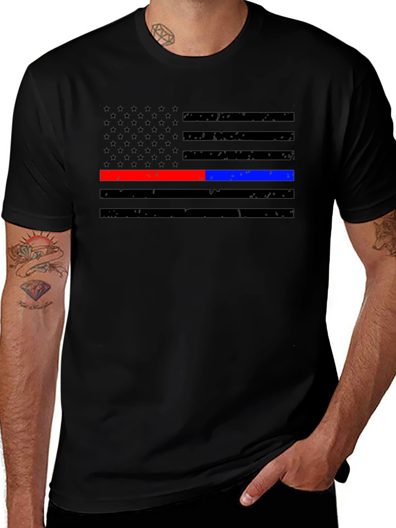 Thin Blue & Red Line American Flag Distressed T-Shirt