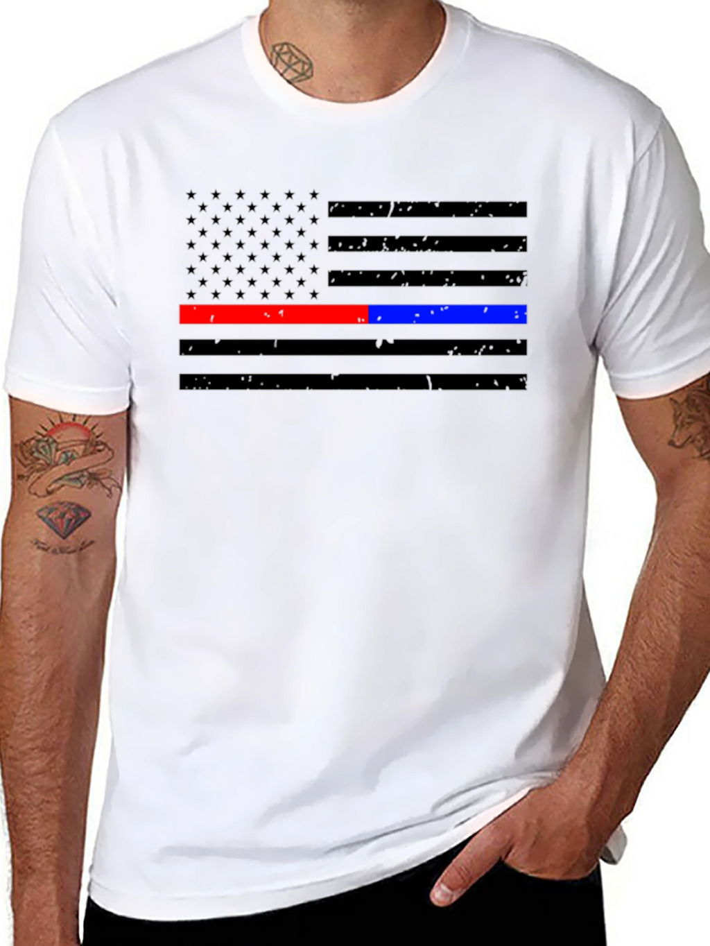 Thin Blue & Red Line American Flag Distressed T-Shirt