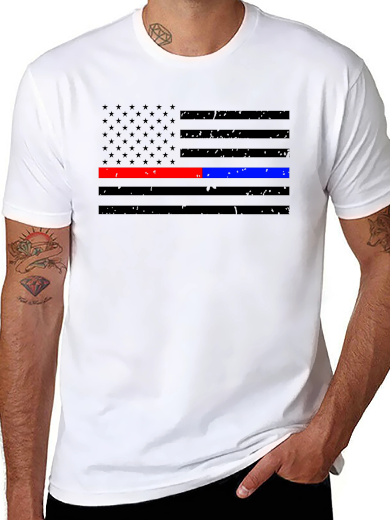 Thin Blue & Red Line American Flag Distressed T-Shirt