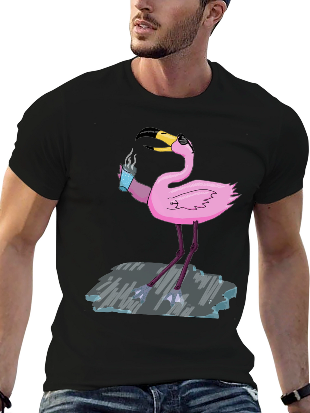 Cool Flamingo Drinking Coffee Graphic Tee