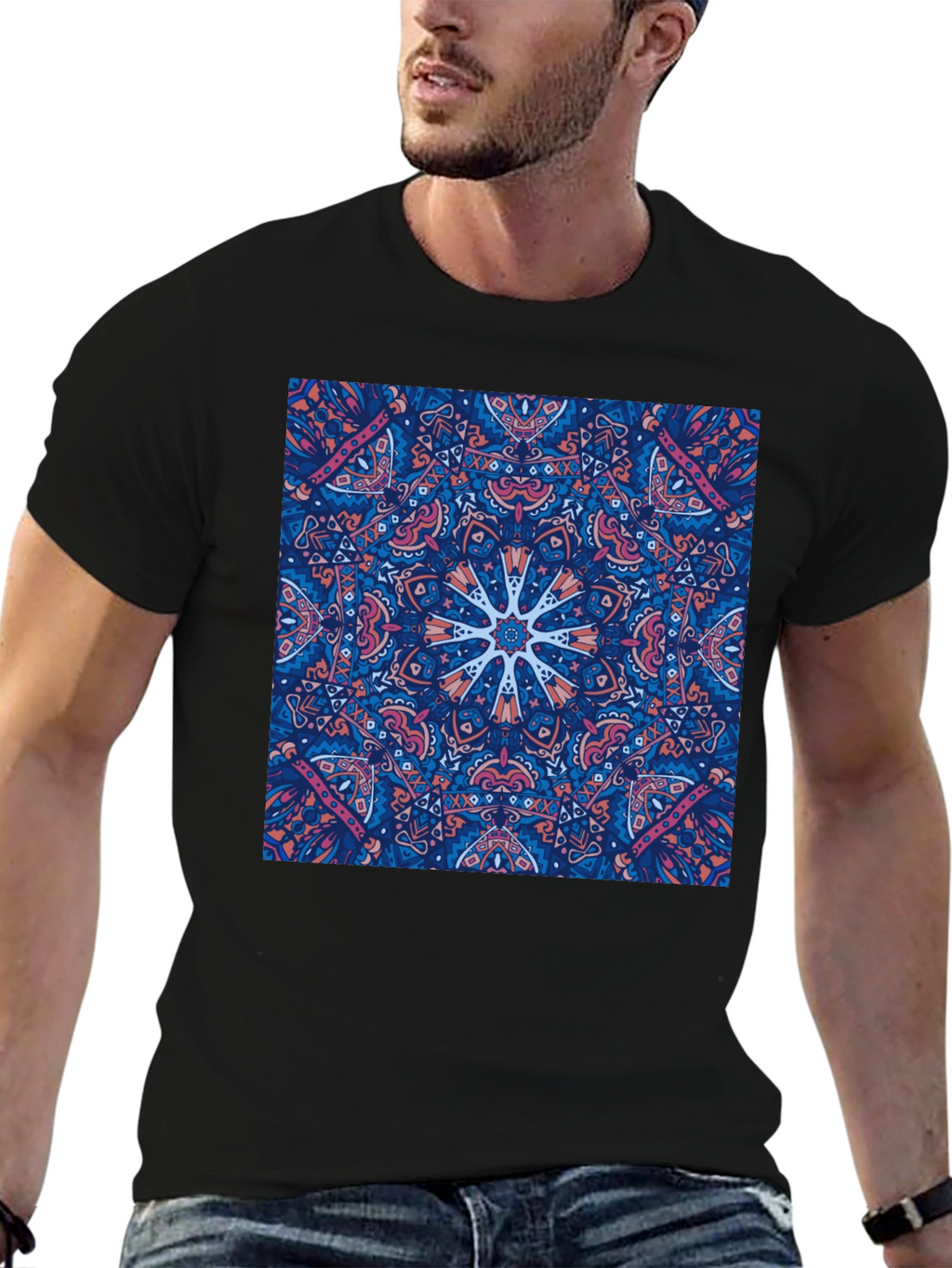 Black Tee with Psychedelic Mandala Design