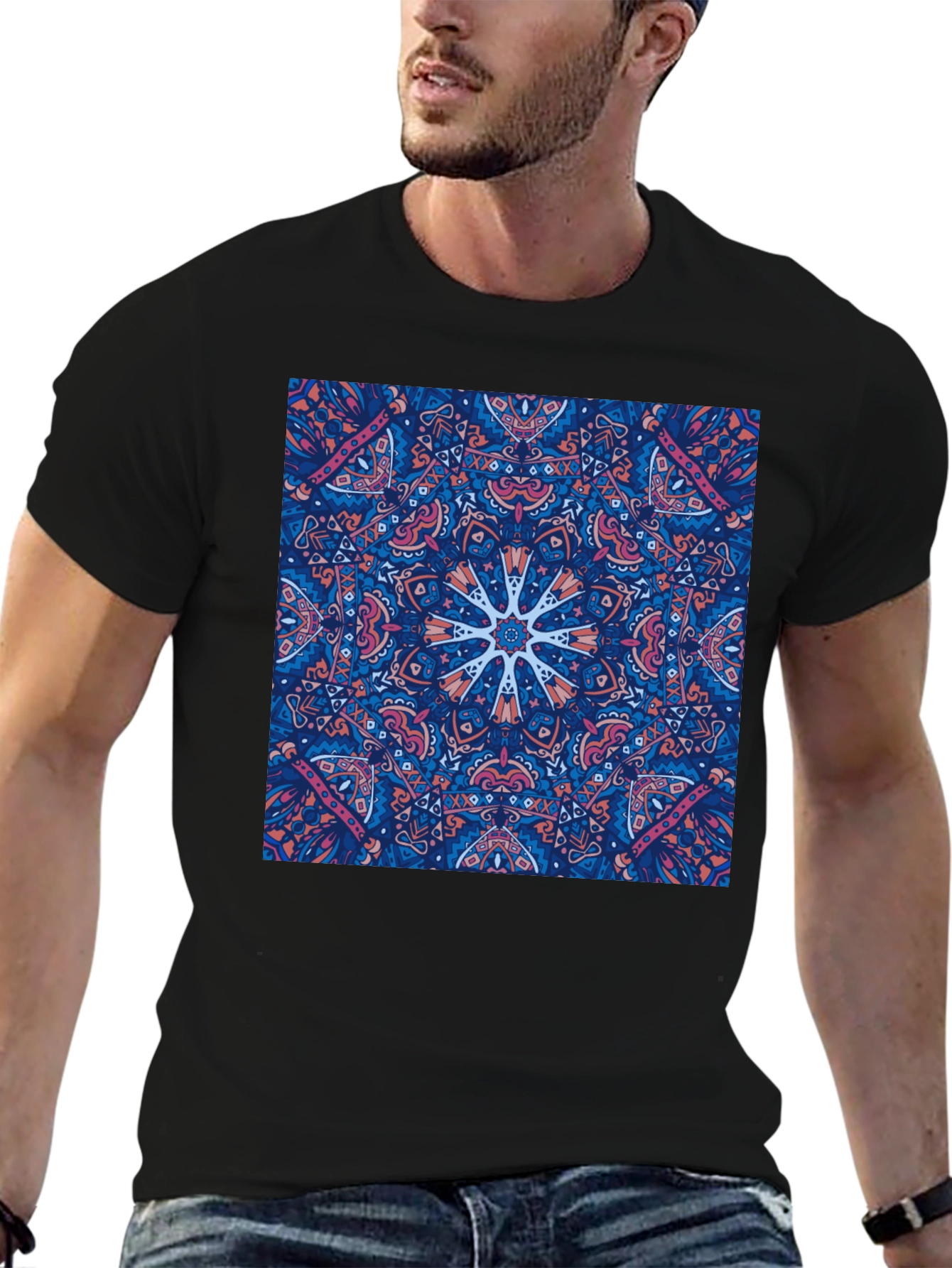 Black Tee with Psychedelic Mandala Design